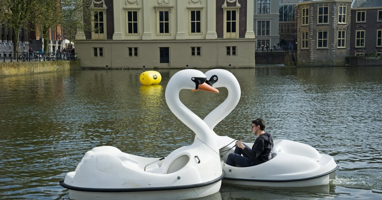 Waterfiets in de vorm van een zwaan op de Hofvijver in Den Haag