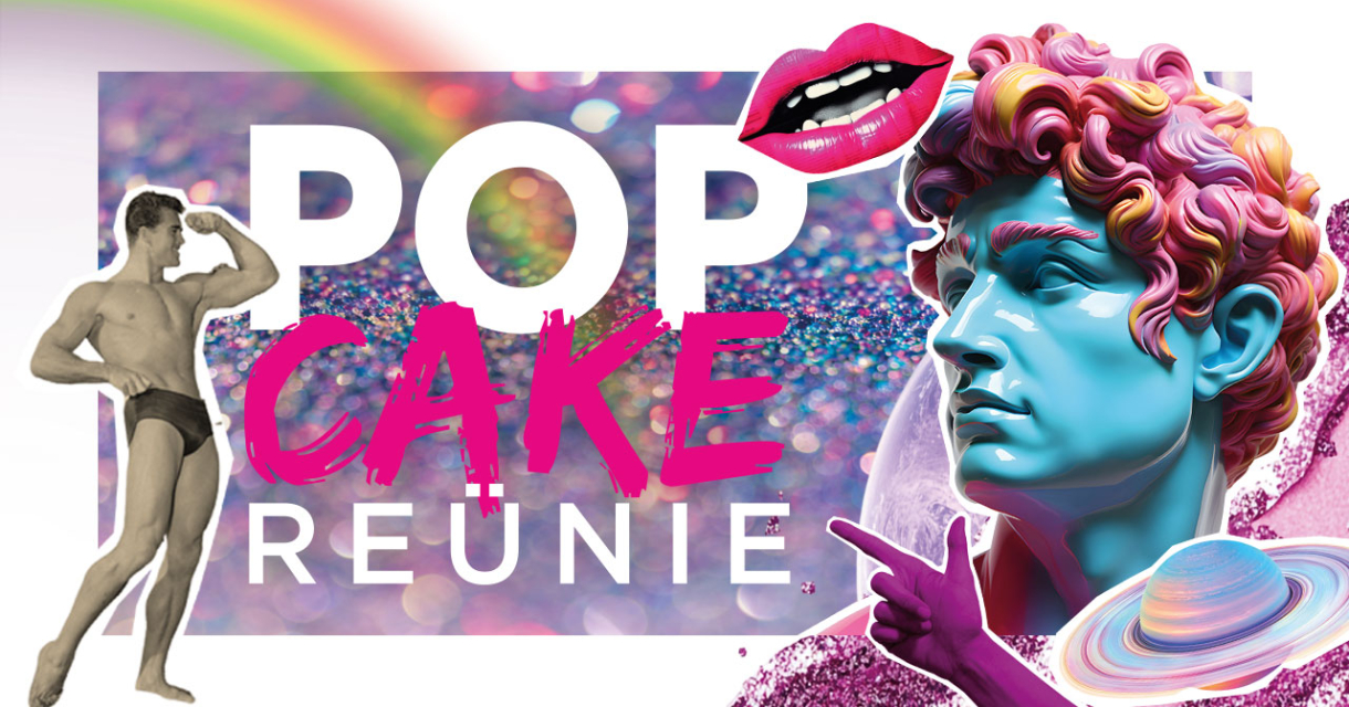 Kleurrijke en speelse poster voor Popcake Reünie met glitterachtergrond, regenboog, kunstbeelden en pop-art elementen.