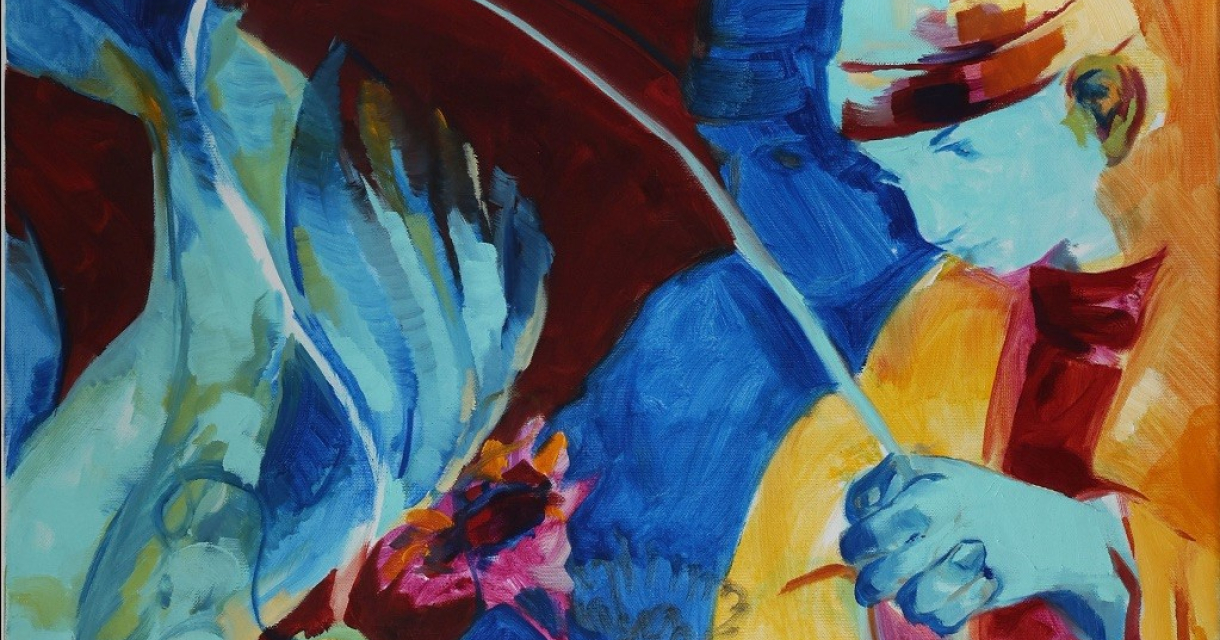 Kleurrijk schilderij van een figuur met hengel naast een grote vis en bloemen in felle tinten
