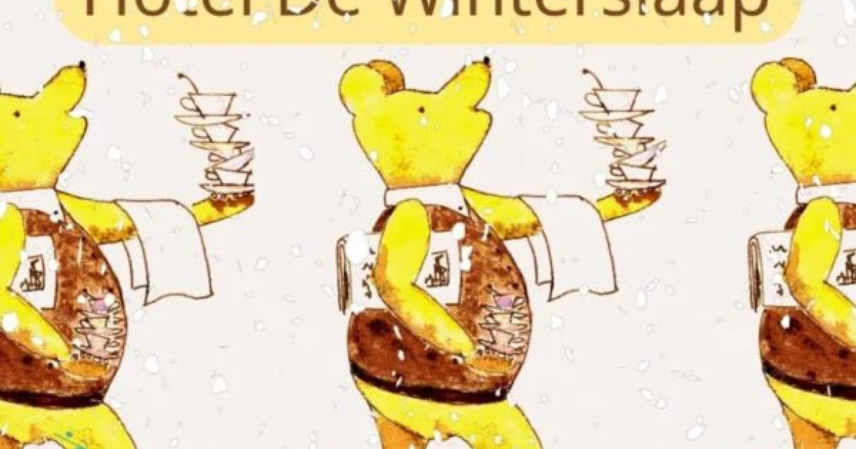 Drie keer een getekende beer als ober met koffie op dienblad