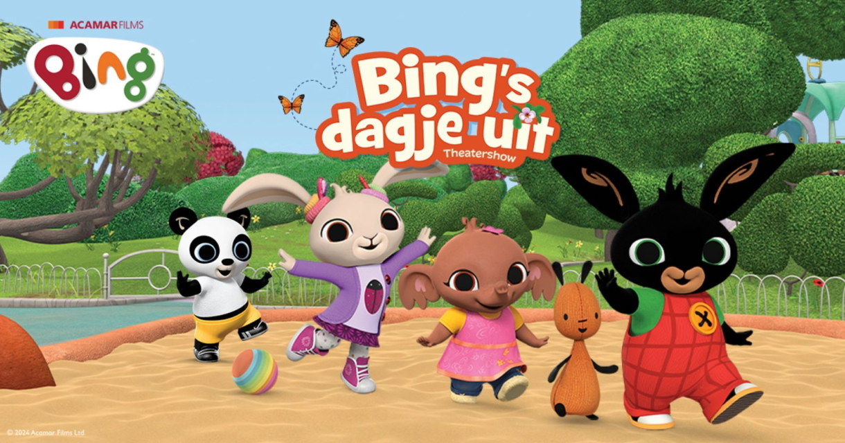 De dierenvriendjes van Bing lopen vrolijk door de speeltuin. 