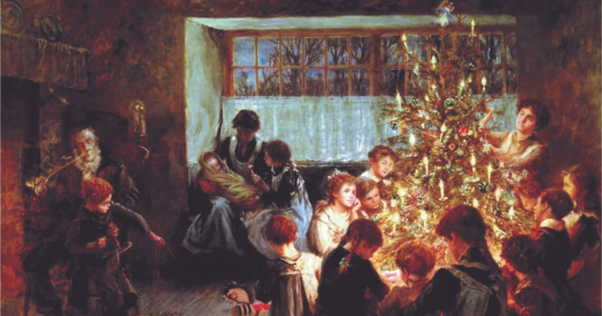 Gezin rond versierde kerstboom in een warm verlichte kamer, kinderen spelen en volwassenen kijken toe Gezin rond versierde kerstboom in een warm verlichte kamer, kinderen spelen en volwassenen kijken toe