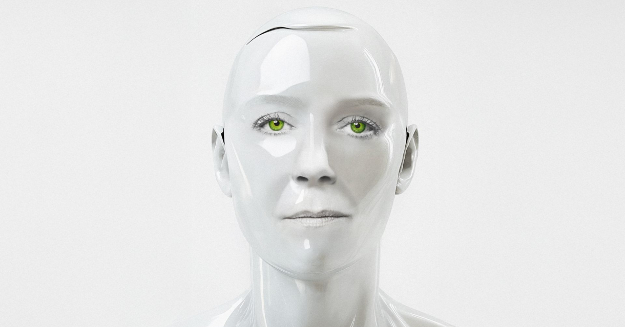 Wit glanzend humanoïde robotgezicht met groene ogen tegen een witte achtergrond Wit glanzend humanoïde robotgezicht met groene ogen tegen een witte achtergrond