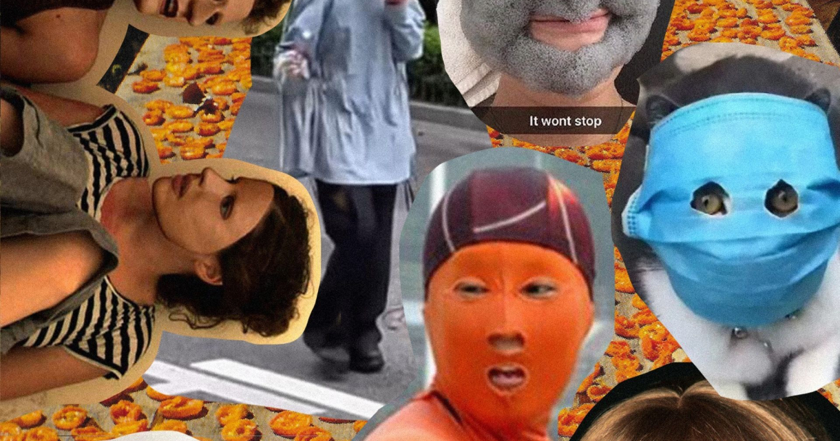 Collage van expressieve gezichten, gemaskerde personen en knip- en plakwerk op achtergrond vol oranje objecten. Collage van expressieve gezichten, gemaskerde personen en knip- en plakwerk op achtergrond vol oranje objecten.