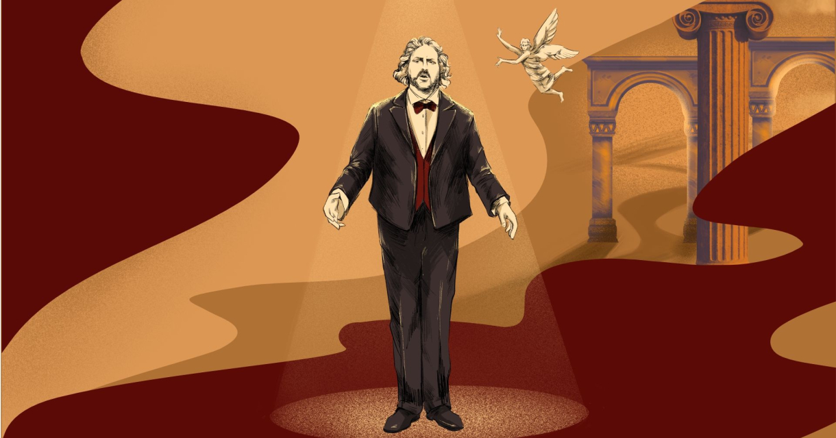 Illustratie van een man in smoking onder een spotlicht, met een vliegende engel en zuil op de achtergrond Illustratie van een man in smoking onder een spotlicht, met een vliegende engel en zuil op de achtergrond