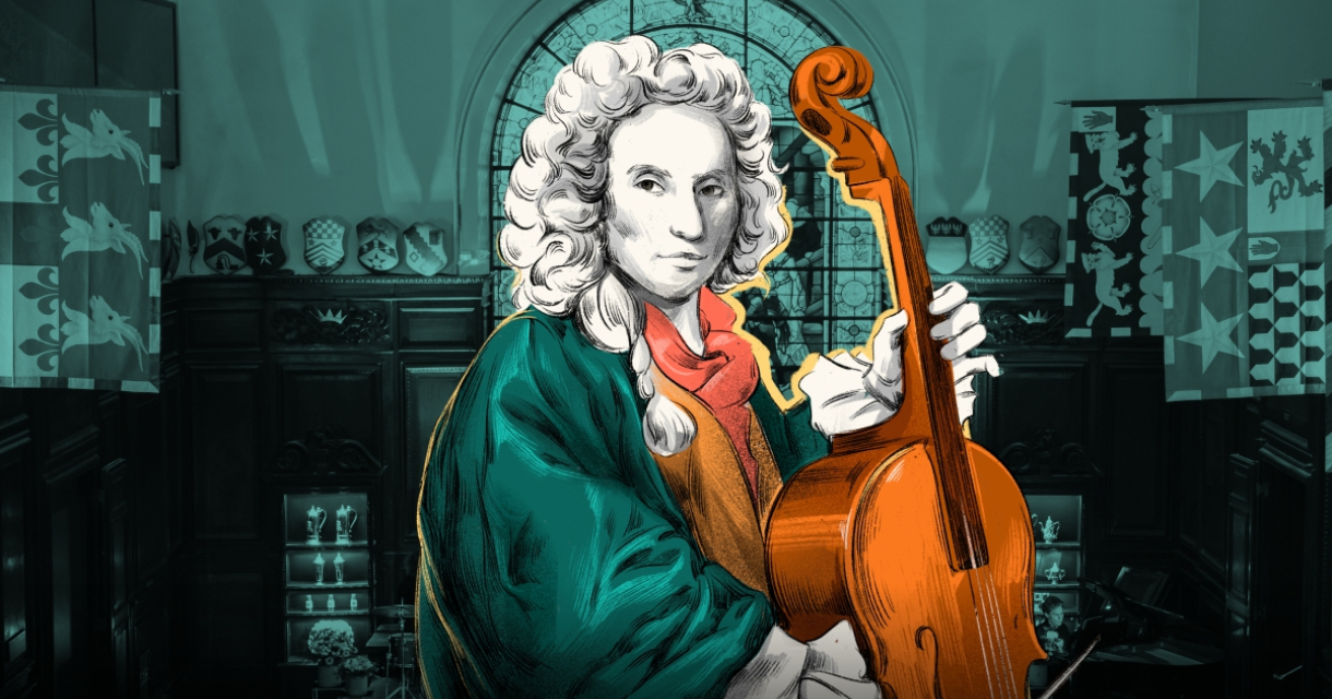 Tekening van Vivaldi met een celle op schoot