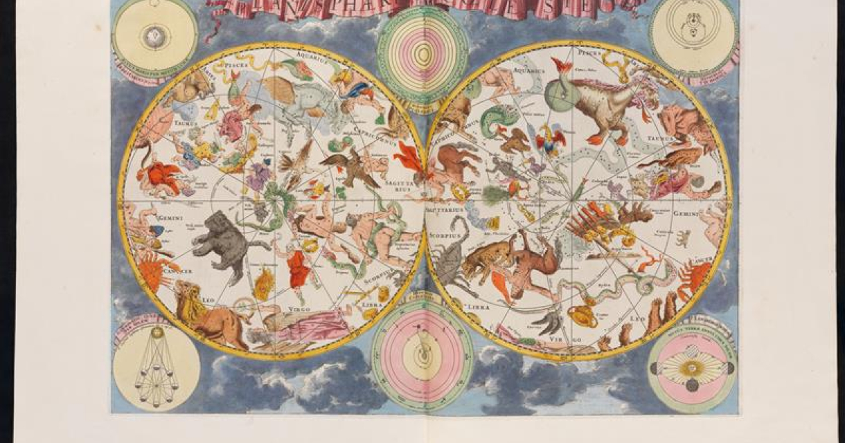 Kleurrijke historische sterrenkaart met dierenriemfiguren, mythologische wezens en hemellichamen in twee cirkels