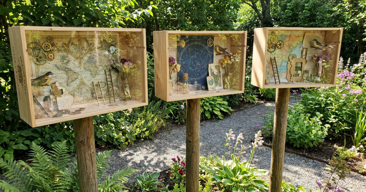Drie houten vitrines met kunst en flora in een tuin