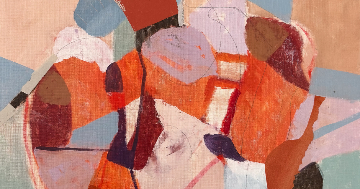 Abstract schilderij met vormen in oranje en blauw