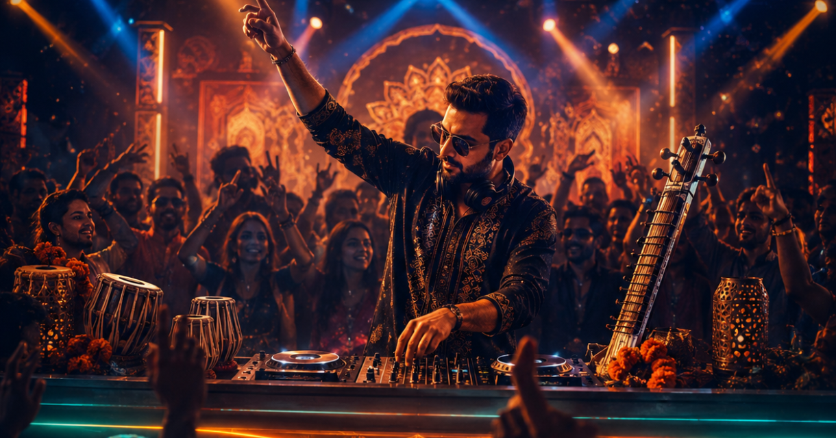 Een DJ draait muziek voor een feestende menigte.