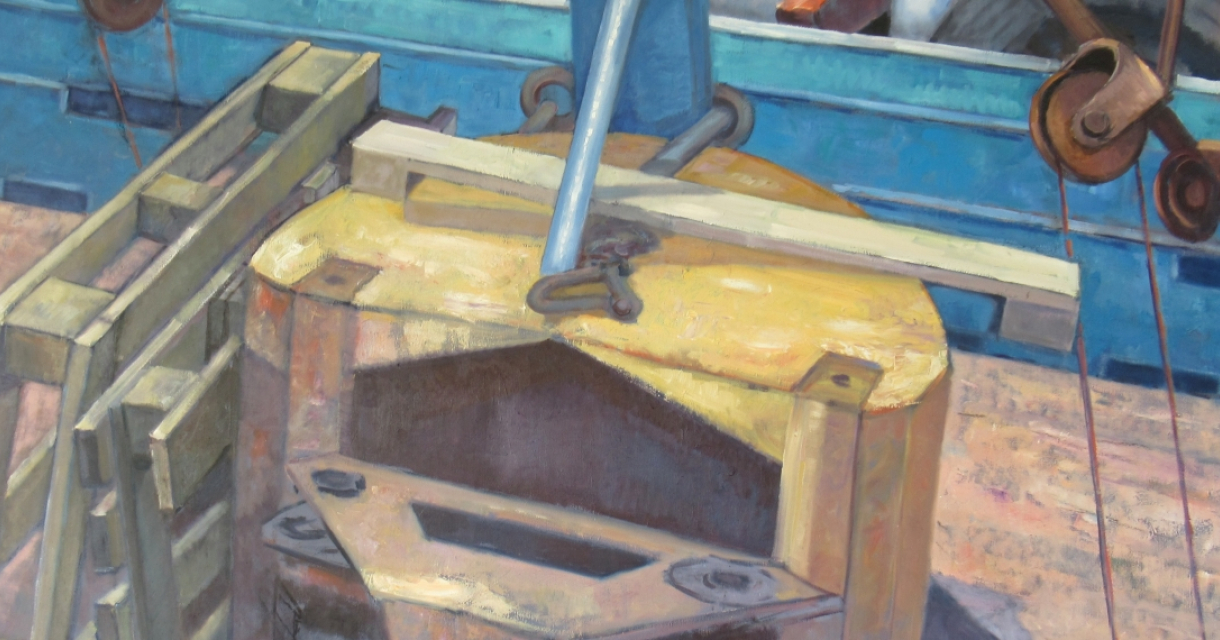 Close-up van een gele draaitafel en gereedschap bij een haven