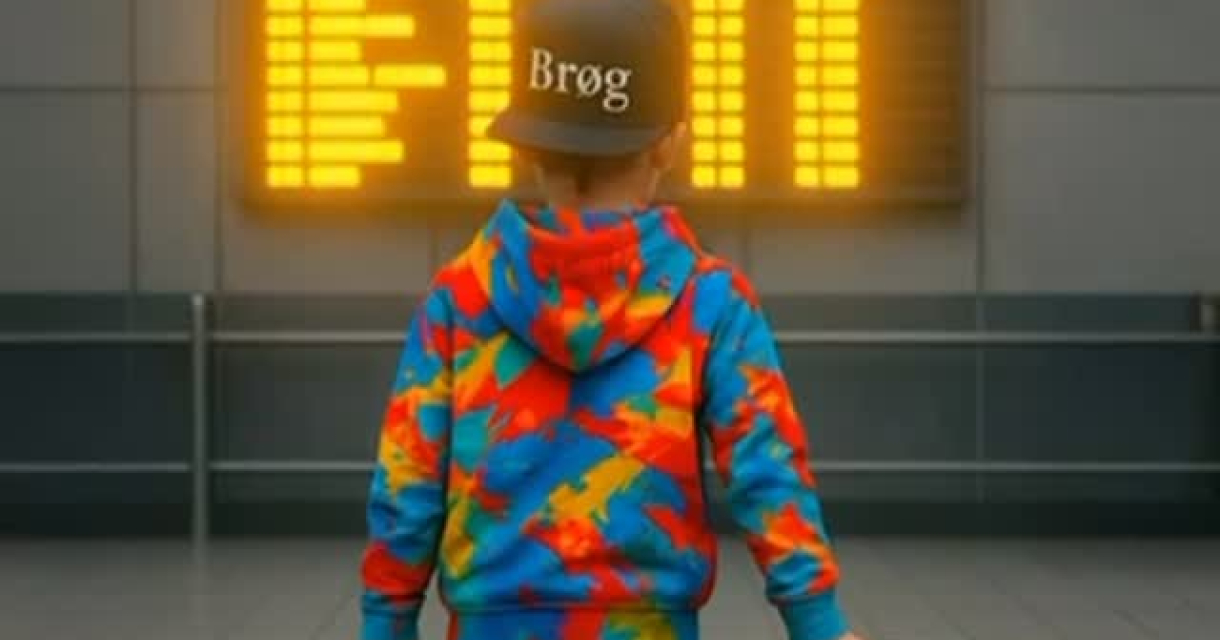 Een jongen met een kleurrijke hoodie en een koffer kijkt naar een vertrekbord. Een jongen met een kleurrijke hoodie en een koffer kijkt naar een vertrekbord.