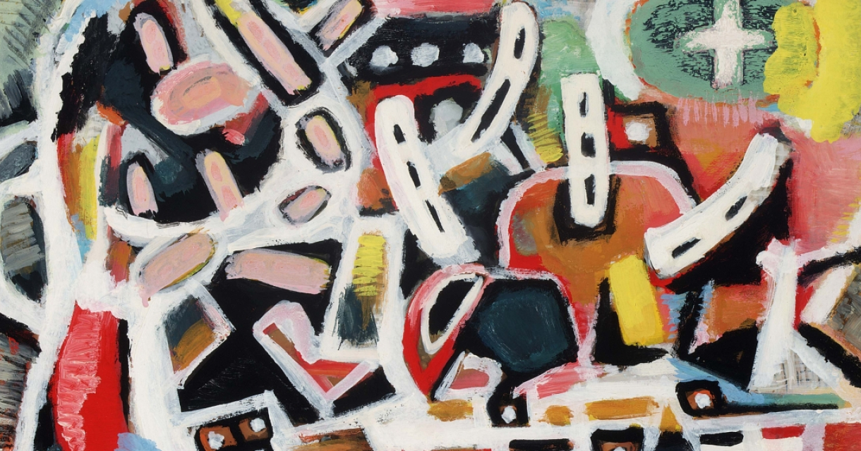 Kleurrijk abstract schilderij met vormen en lijnen.