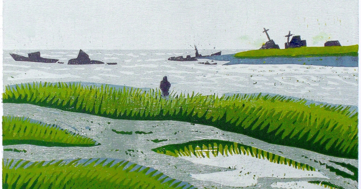 Green grass fields with a person, boats on the sea