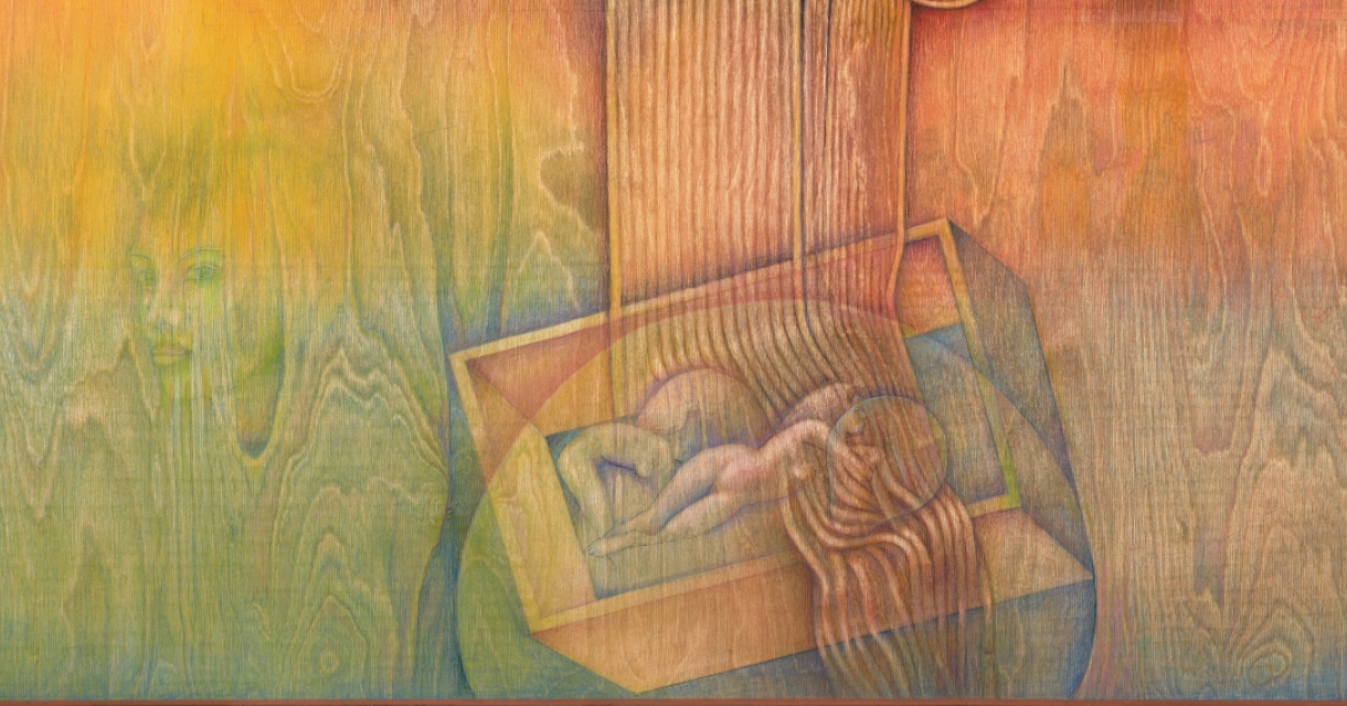 Kleurrijke abstracte schildering met gesilhouette van een vrouw.