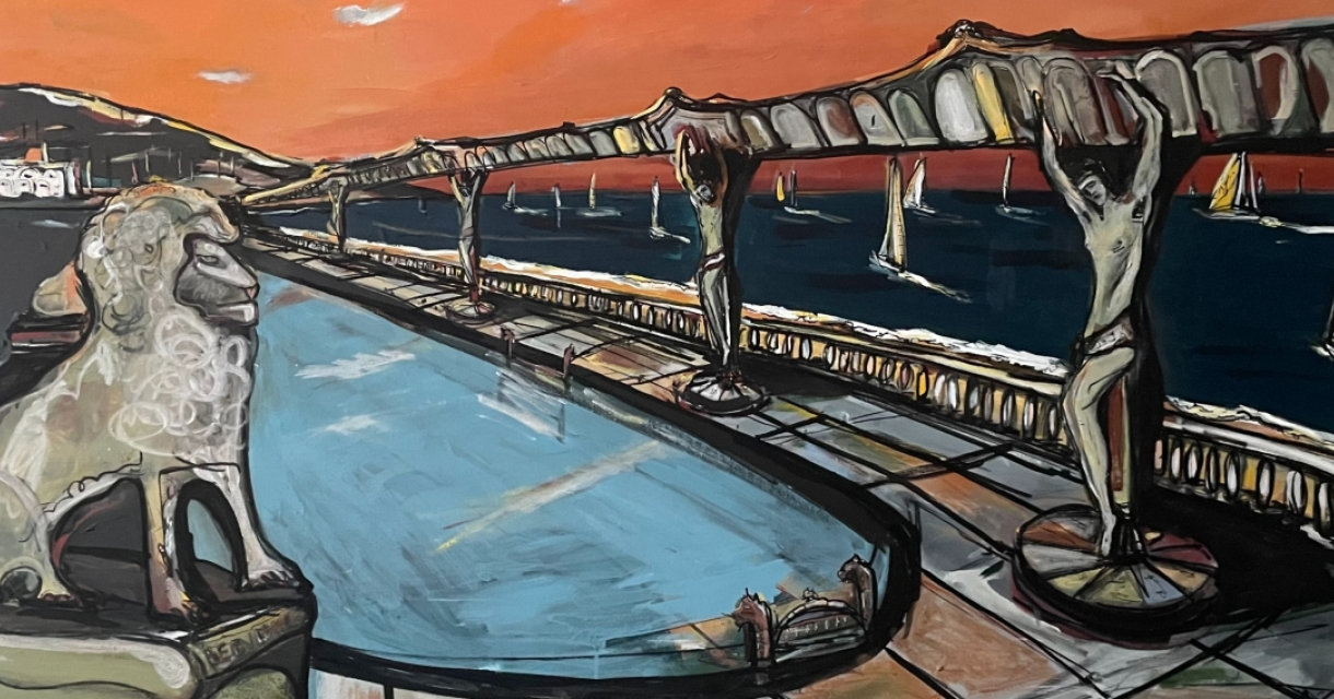 Stijlvol kustlandschap met een leeuw en zeilboten op de zee