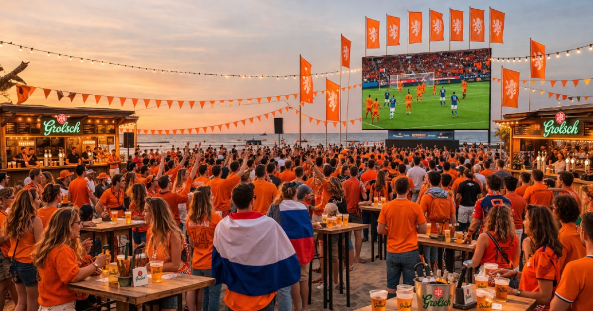 Mensen in oranje shirt kijken naar een live voetbalwedstrijd op een groot scherm aan het strand.