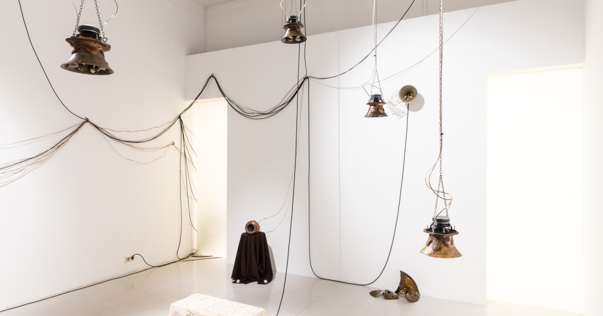 Een kunstinstallatie met hangende luidsprekers en draden. foto: temet.studio