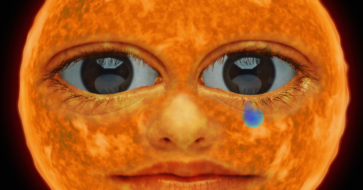 Oranje gloedvolle zon met realistisch mensenhoofd, grote ogen en een blauwe traan onder het rechteroog