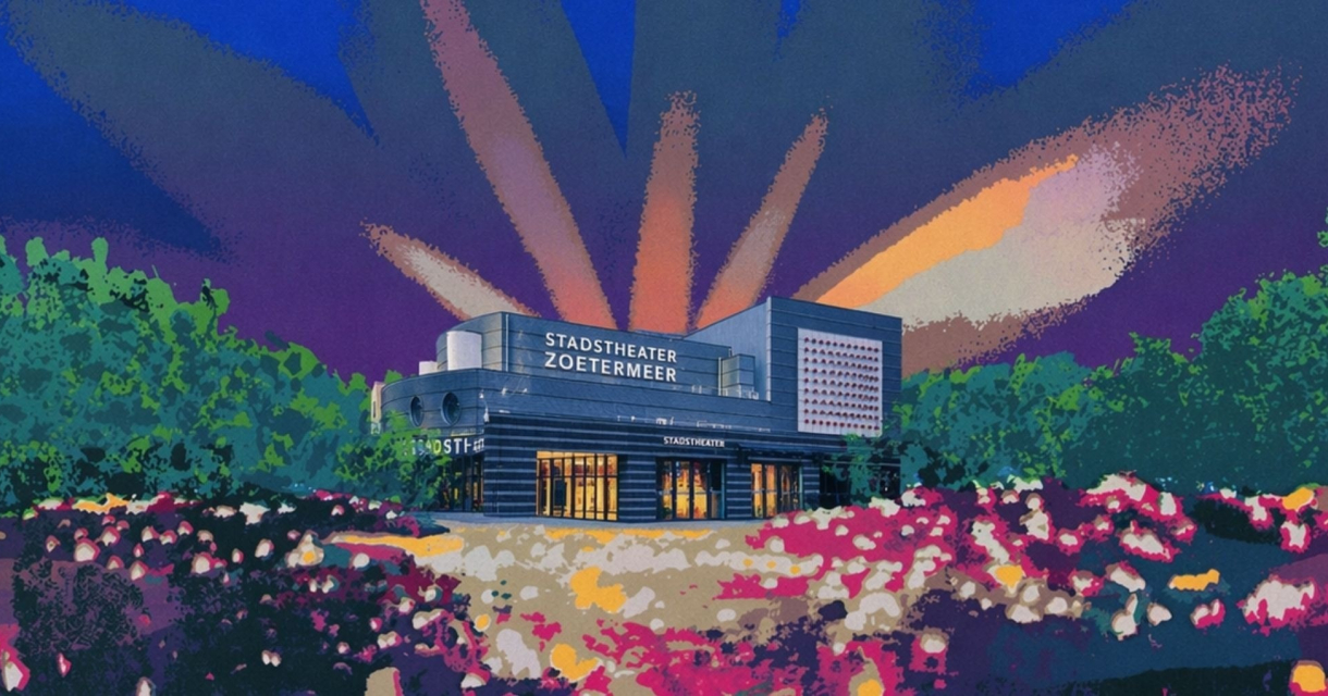 Modern theatergebouw met kleurrijke lichten en bloementuin