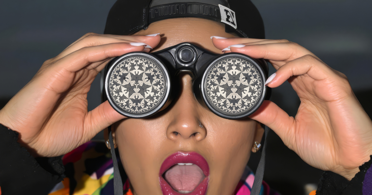 A woman looks surprised while peering through binoculars.