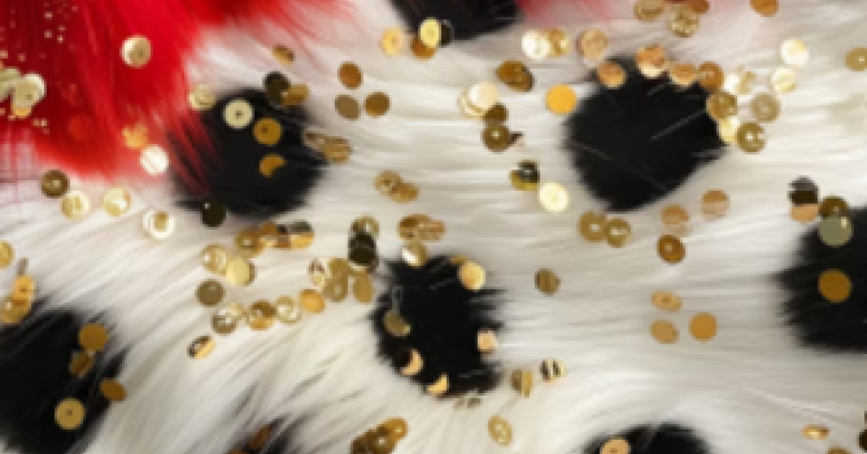 Een vacht met zwarte vlekken en gouden glitters