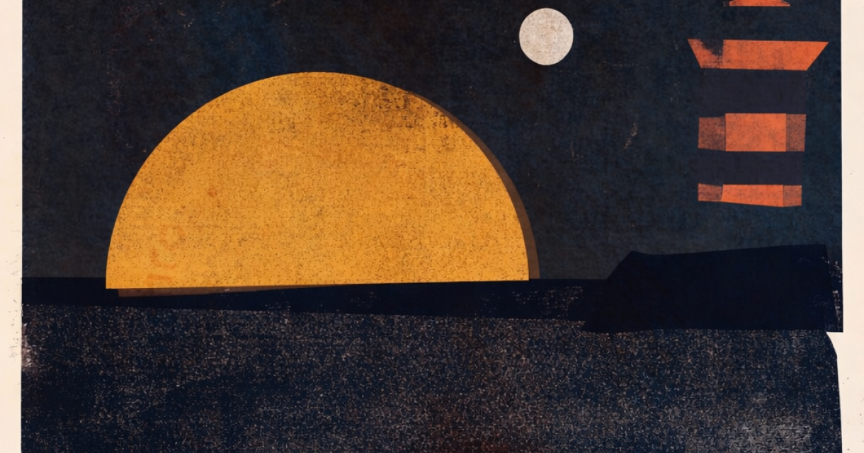 Een abstracte weergave van een zonsondergang met een grote gele zon en geometrische vormen.