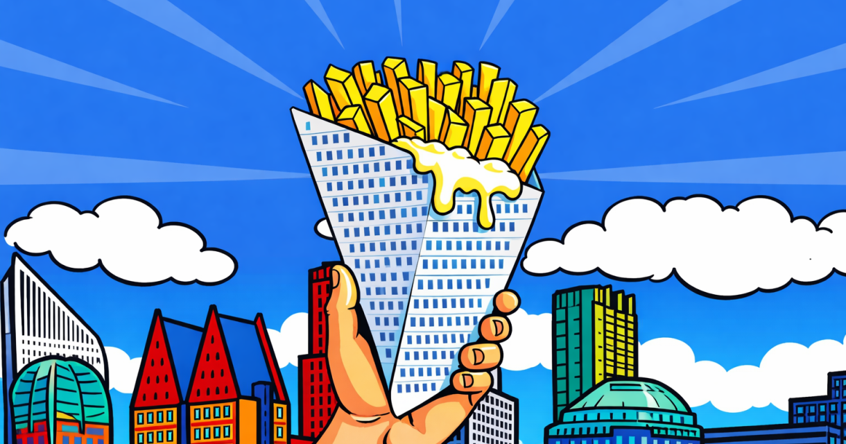 Een hand houdt een fris gevuld frietbakje met mayo tegen een blauwe lucht en een stadsachtergrond. (c) Chat GPT