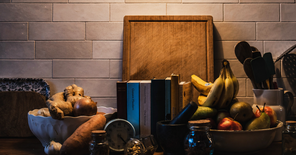 Een keukenblad met groenten, fruit en boeken.