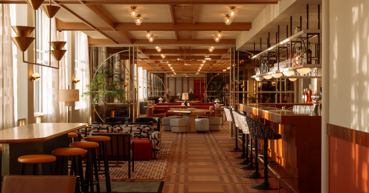 Stylish lounge with wooden furniture and bar