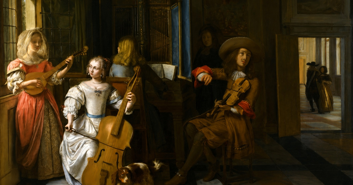 Delft Baroque. Een groep muzikanten speelt in een gezellig interieur.