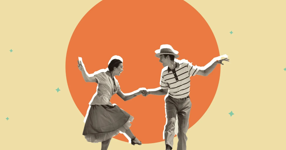 Delft Jazz - The Royal Croquettes. Twee retro geklede dansers bewegen vrolijk op een gele achtergrond.