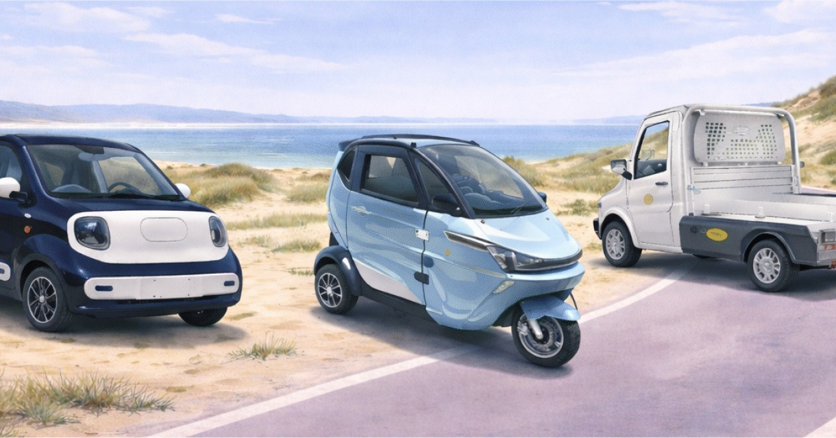 Drie kleine voertuigen staan op een weg bij het strand.