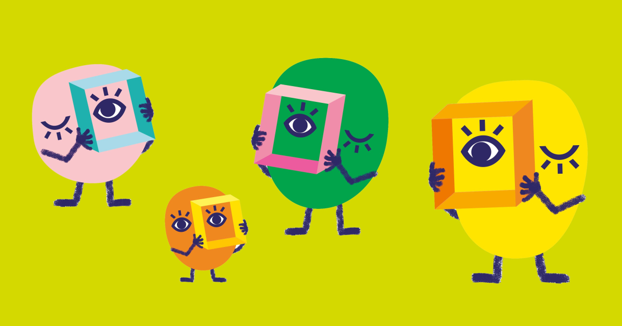 Four colorful characters holding frames with an eye