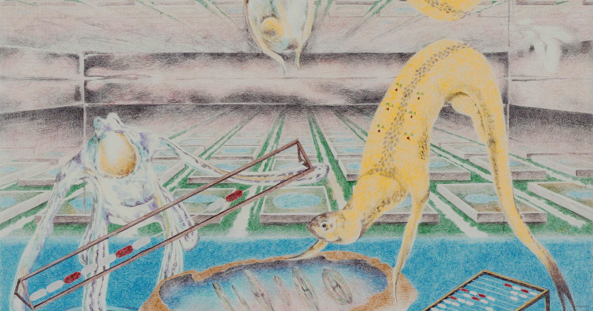 Een surrealistische afbeelding met dieren in water en abstracte vormen.