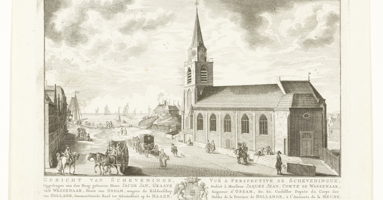 Een tekeningen van de Oude kerk in Scheveningen met boten op zee.