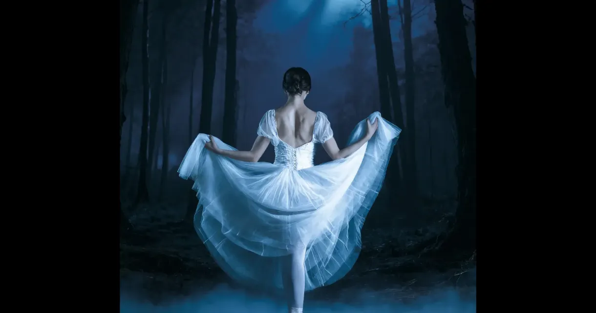 Een vrouw in een wit balletkostuum danst in een donker bos.