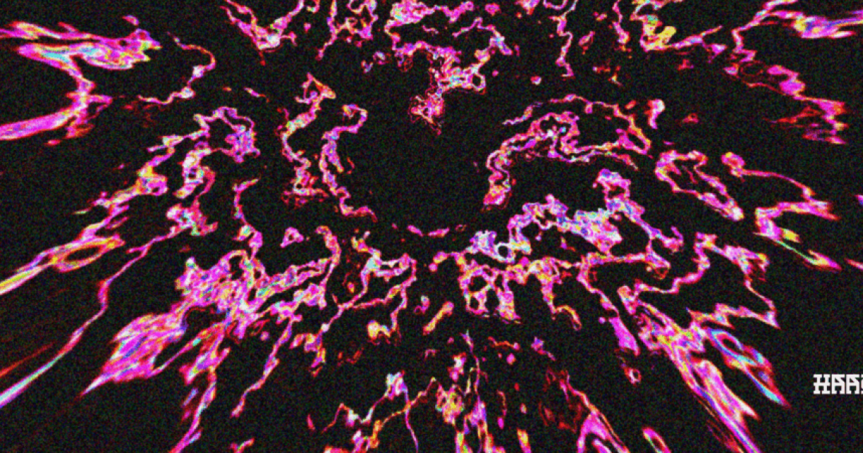 Banner met animatie van roze geluidsgolven op een scherm.