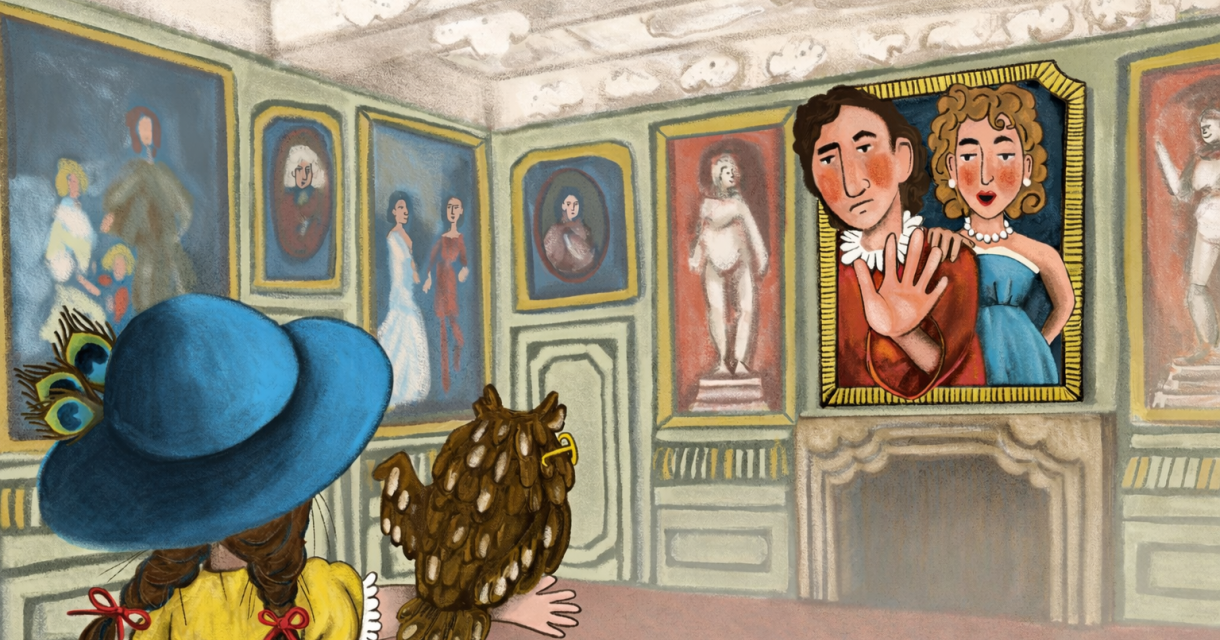 Een kind met een grote hoed kijkt naar schilderijen in een galerie.