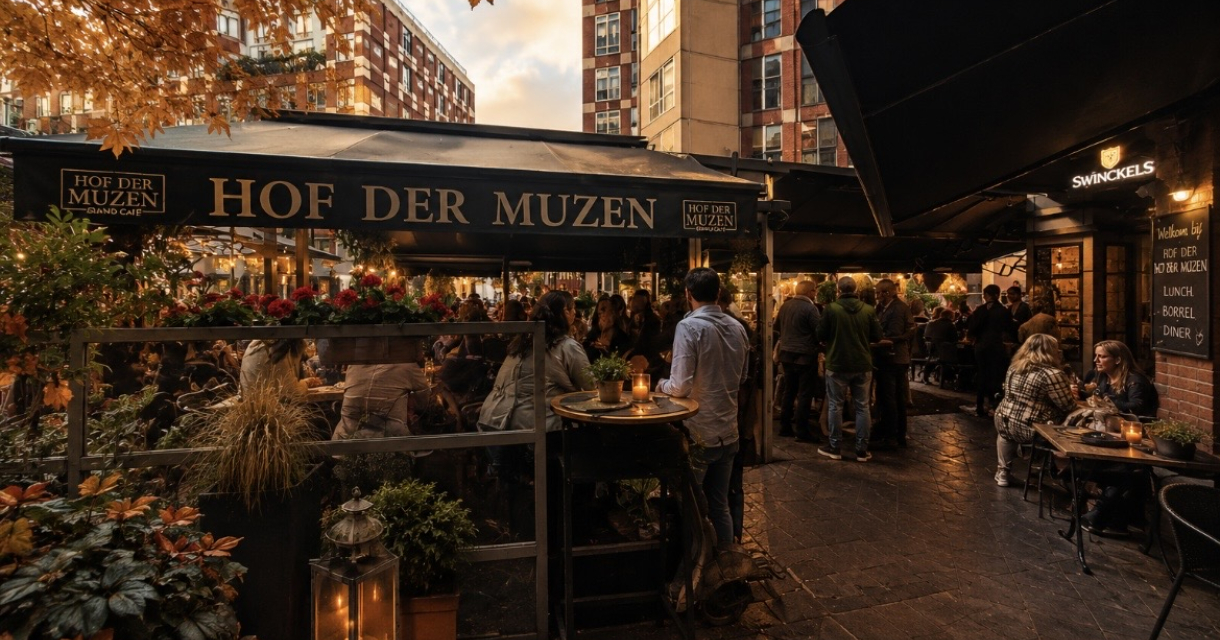 Gezellig terras van Hof der Muzen met herfstbladeren en gasten.