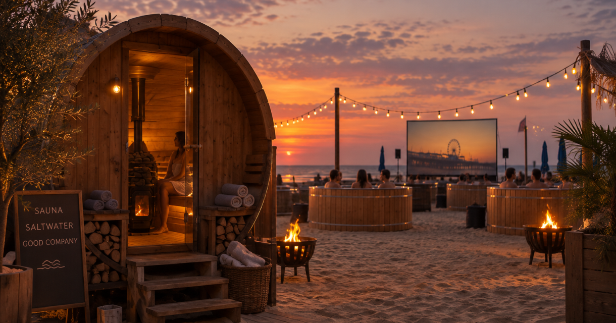 Gezellige sauna met hout, zachte verlichting en vuurkorven bij zonsondergang op het strand.
