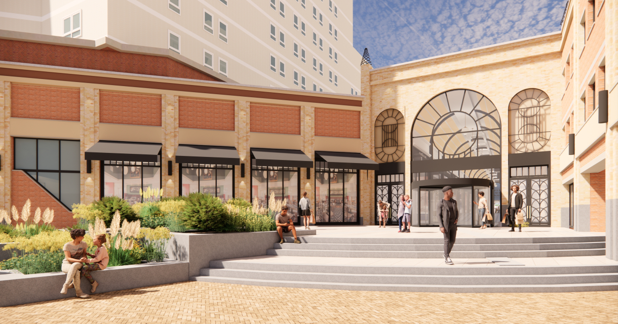 Mensen genieten van een nieuwe winkelplek Palace Promenade Scheveningen met planten en terrassen.