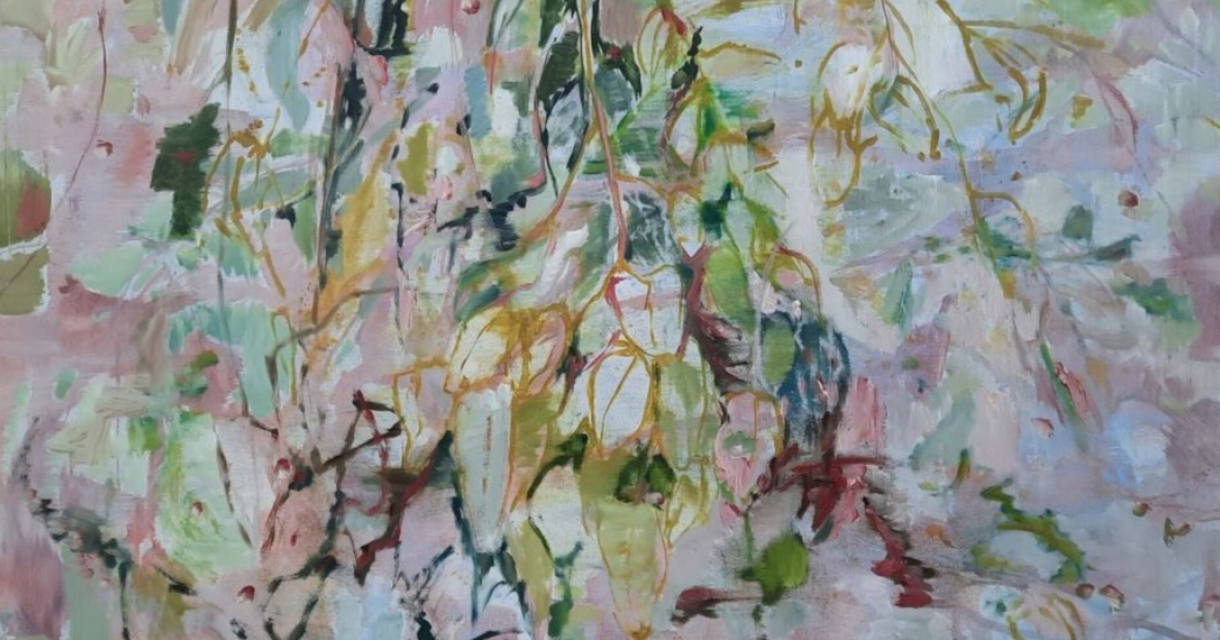 Abstract painting featuring soft colors and flower-like shapes