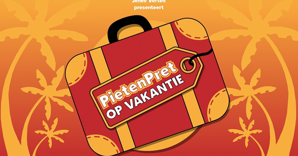 Pietenpret op vakantie .Een tekening van een koffer met de tekst PietenPret op Vakantie.
