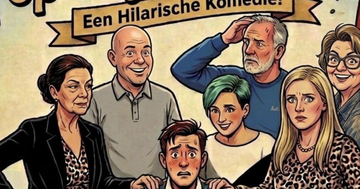 Kleurrijke affiche van een komedie met zes mensen in verschillende emotionele poses.