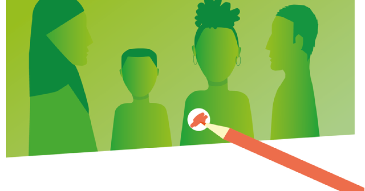 Illustratie van vier gestileerde personen met diverse uiterlijke kenmerken op een groen vlak. Een potlood met rode gum wist een klein rood vlekje van het beeld. Illustratie van vier gestileerde personen met diverse uiterlijke kenmerken op een groen vlak. Een potlood met rode gum wist een klein rood vlekje van het beeld.