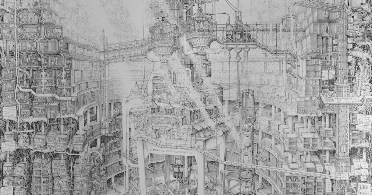 A detailed drawing of a futuristic city with multiple layers and structures.