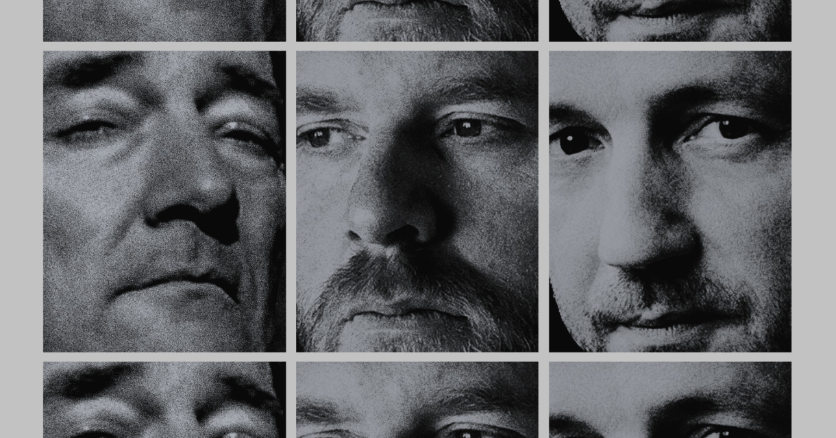 André Manuel, samen met Lotterman en Dee. Negen zwart-wit portretten van mannen in close-up