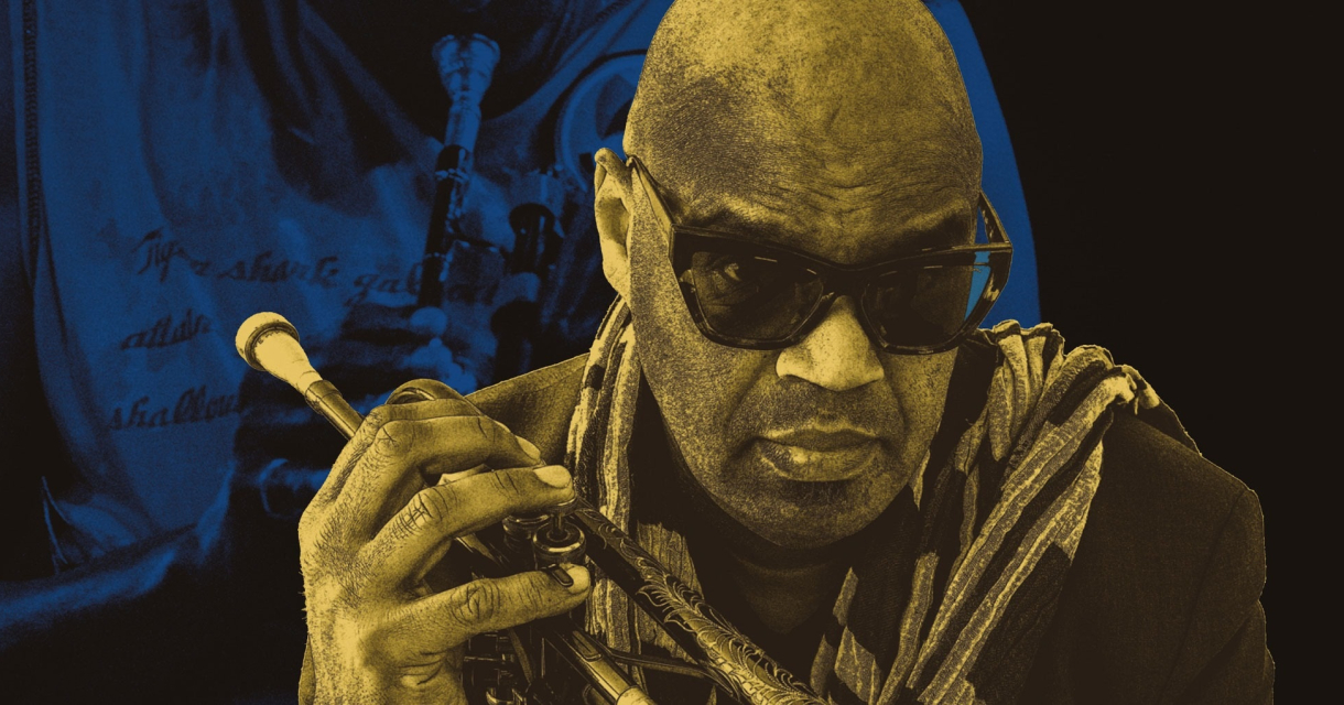 A jazz musician holds a trumpet while wearing sunglasses.