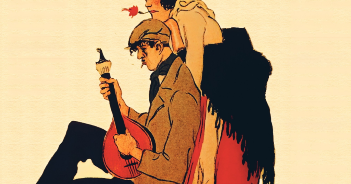 Man speelt een mandoline met vrouw op de achtergrond